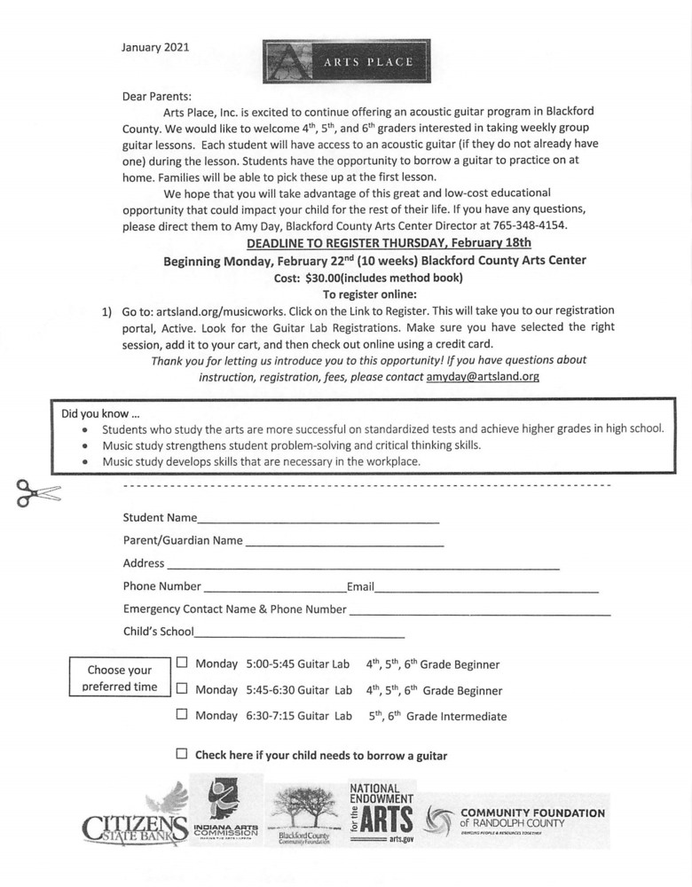 Arts Place Sign up Sheet