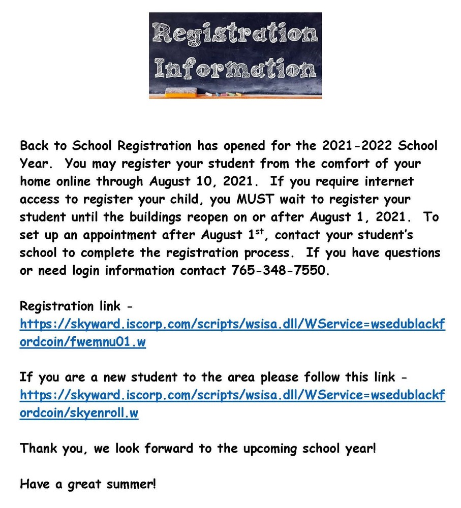 2021-2022 Back to School Registration Info.