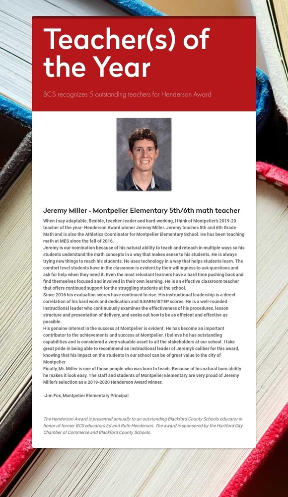 Announcement of Jeremy Miller Teacher of Year