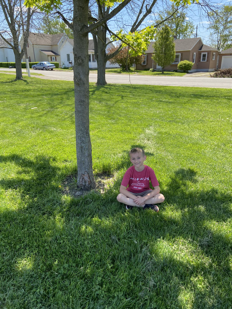1st grade boy sits under a tree at the park