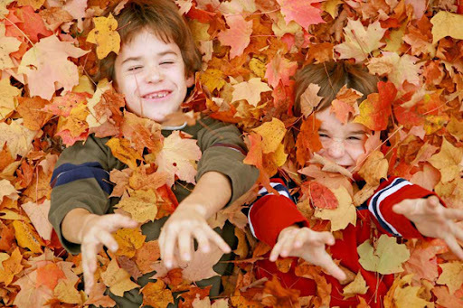 2 Kids playing in leaves