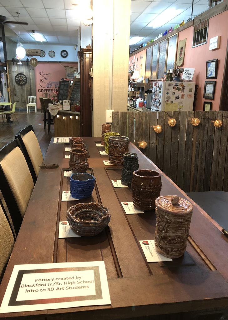 wide view of pottery on table 