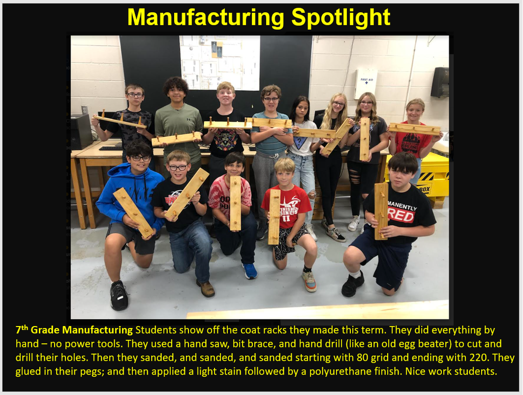 7th grade manufacturing class at BJSHS shows off their hand-made coat racks