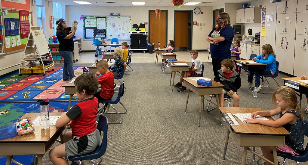 Kindergarten students working at their desks